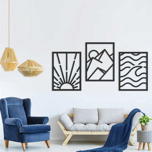 Ensemble complet de tableaux muraux incluant la montagne, le coucher de soleil et les vagues